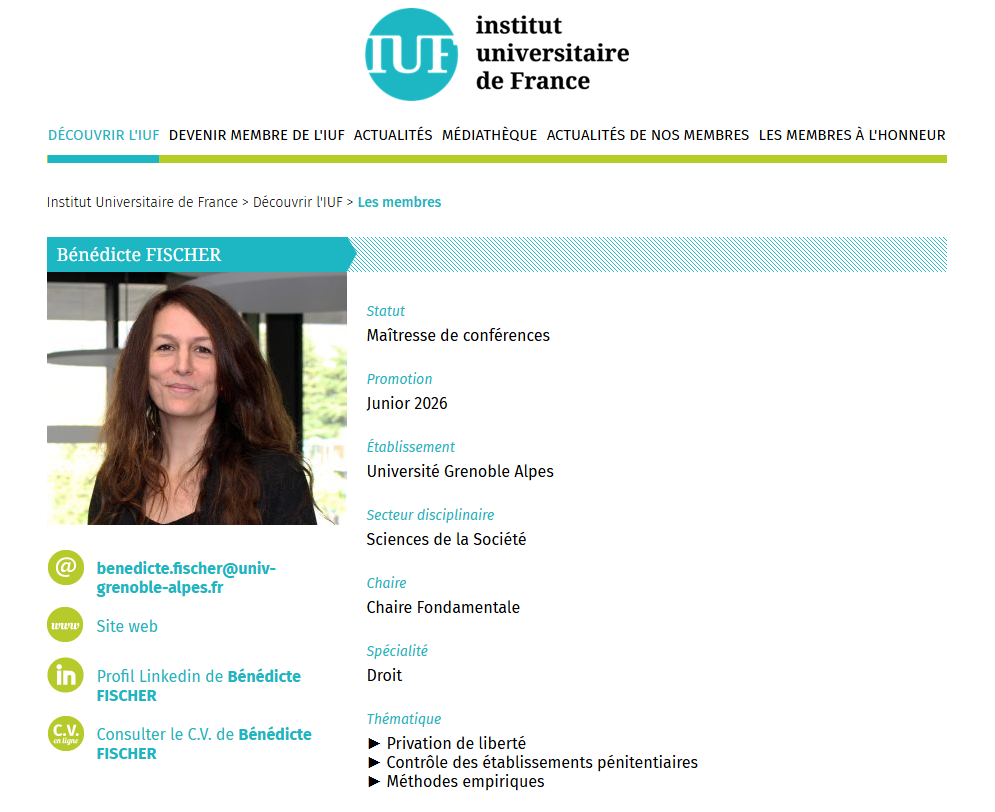 Nomination de Bénédicte FISCHER à l'IUF !